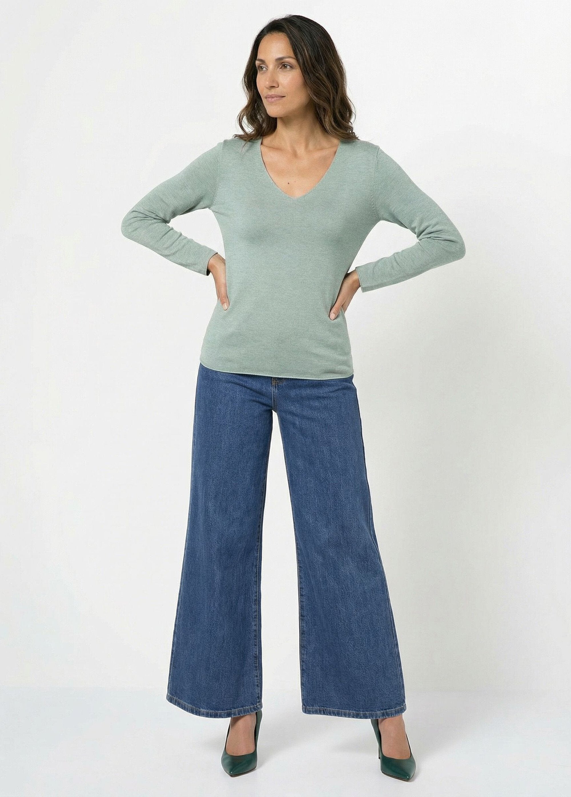 Thin_sweater_with_angora_and_wool,_V-neck_Almond_green_SF1_slim
