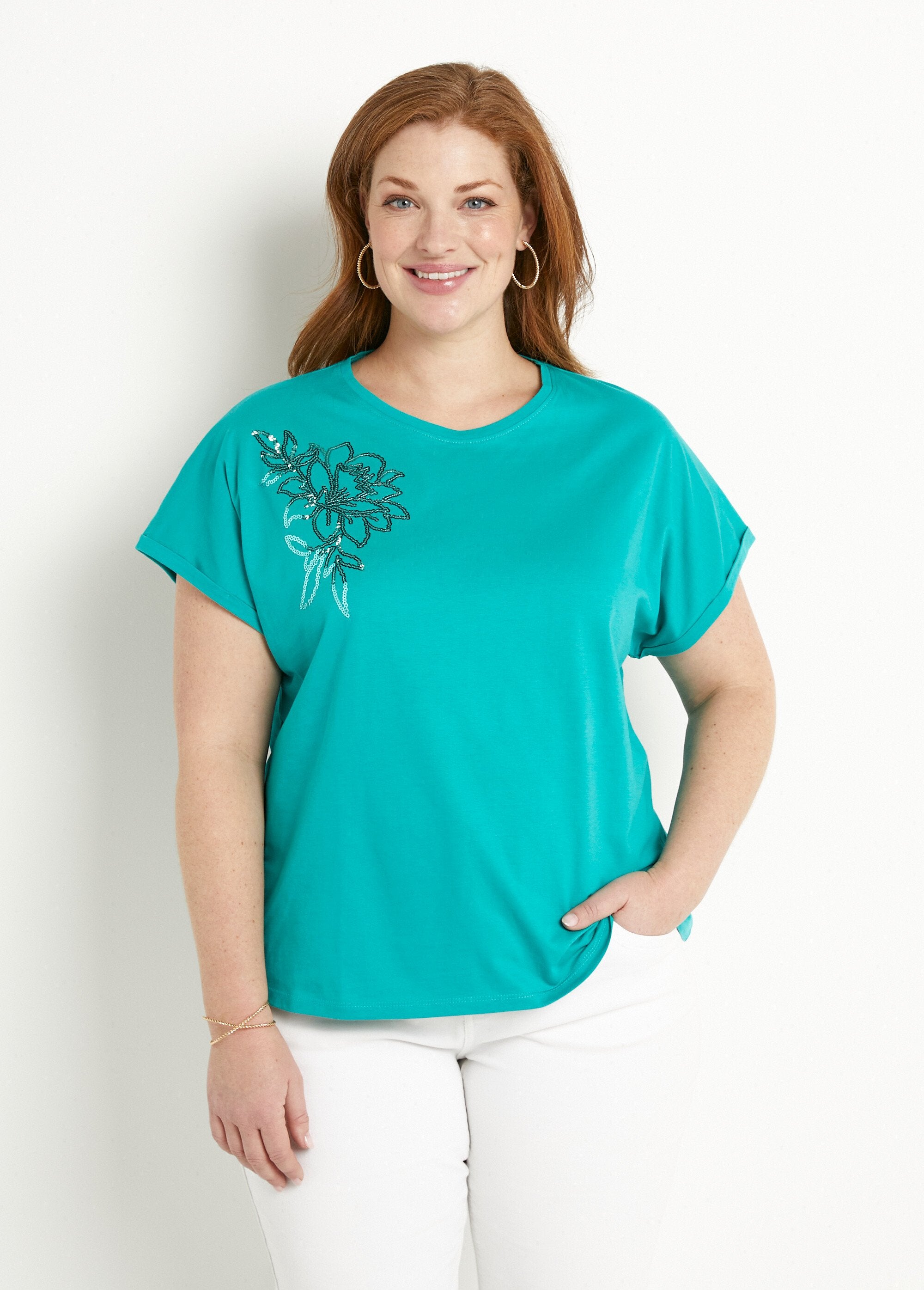 Plain_cotton_t-shirt_with_short_sleeves_and_sequins_Turquoise_FA1_curvy