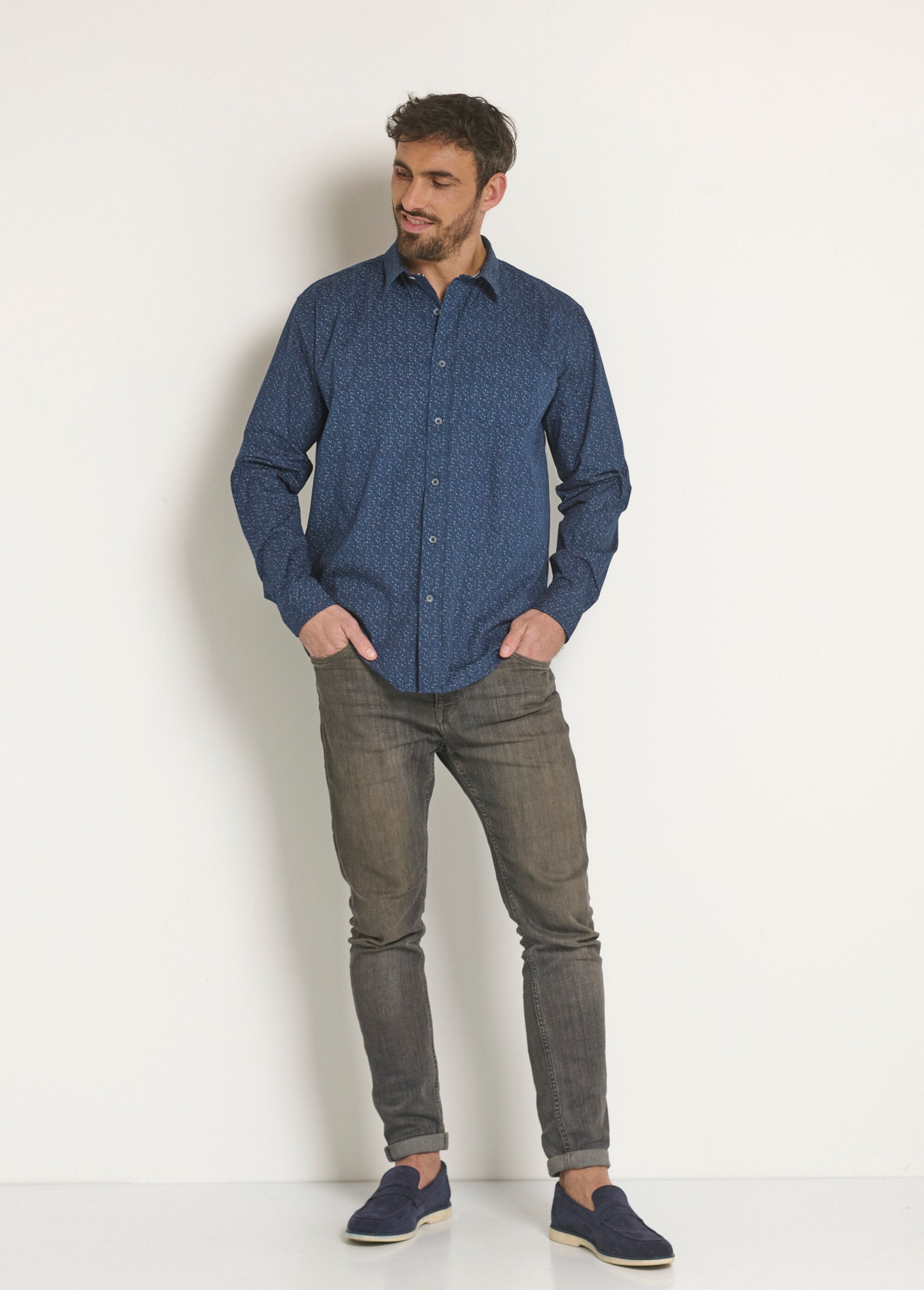 Long_sleeve_micro_pattern_cotton_shirt_Marine_SF1_slim