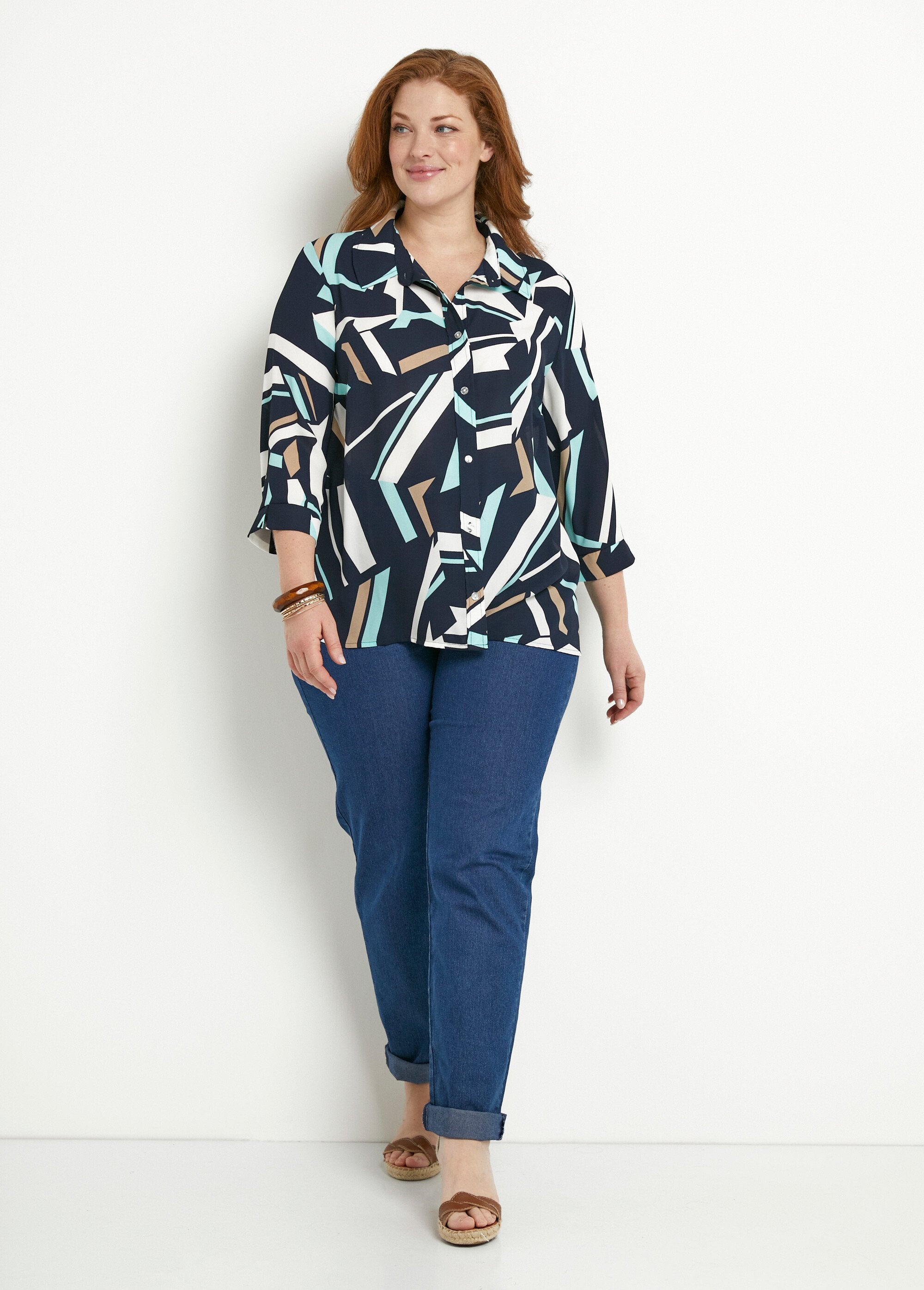 Straight_graphic_blouse_with_3/4_sleeves_Navy_and_beige_SF1_curvy