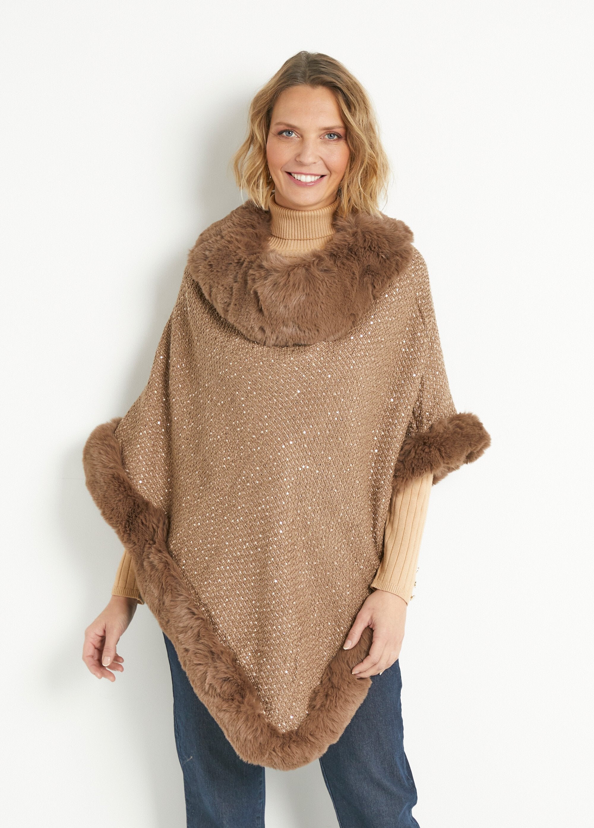 Poncho_with_fur_edge_and_sequined_mesh_camel_FA1_slim