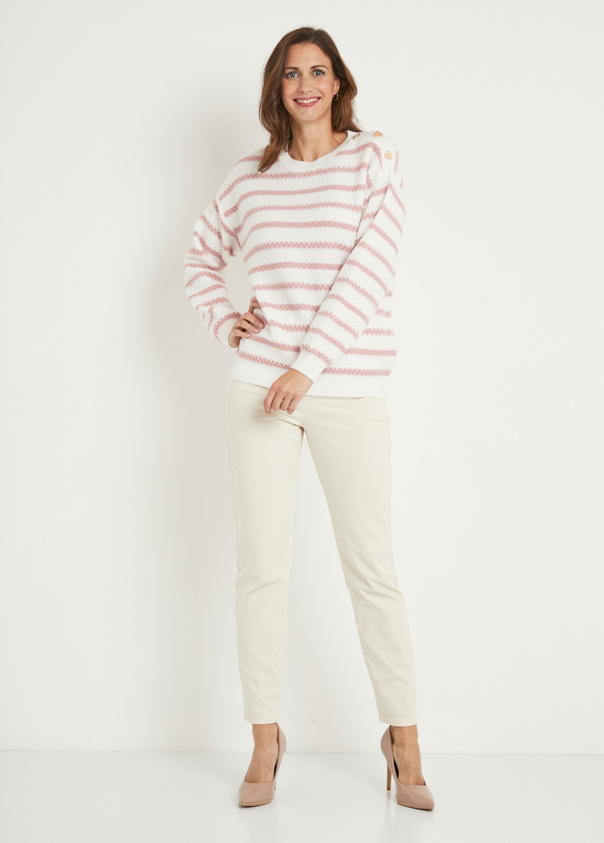 Soft_striped_sweater_round_neck_fancy_knit_Ecru_and_old_pink_SF1_slim