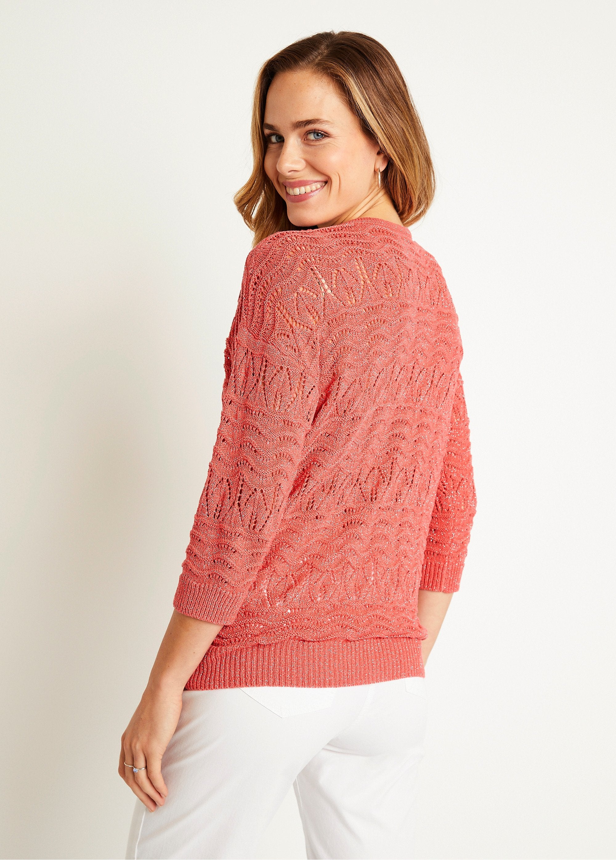 3/4_sleeve_openwork_pattern_V-neck_sweater_Coral_DO1_slim