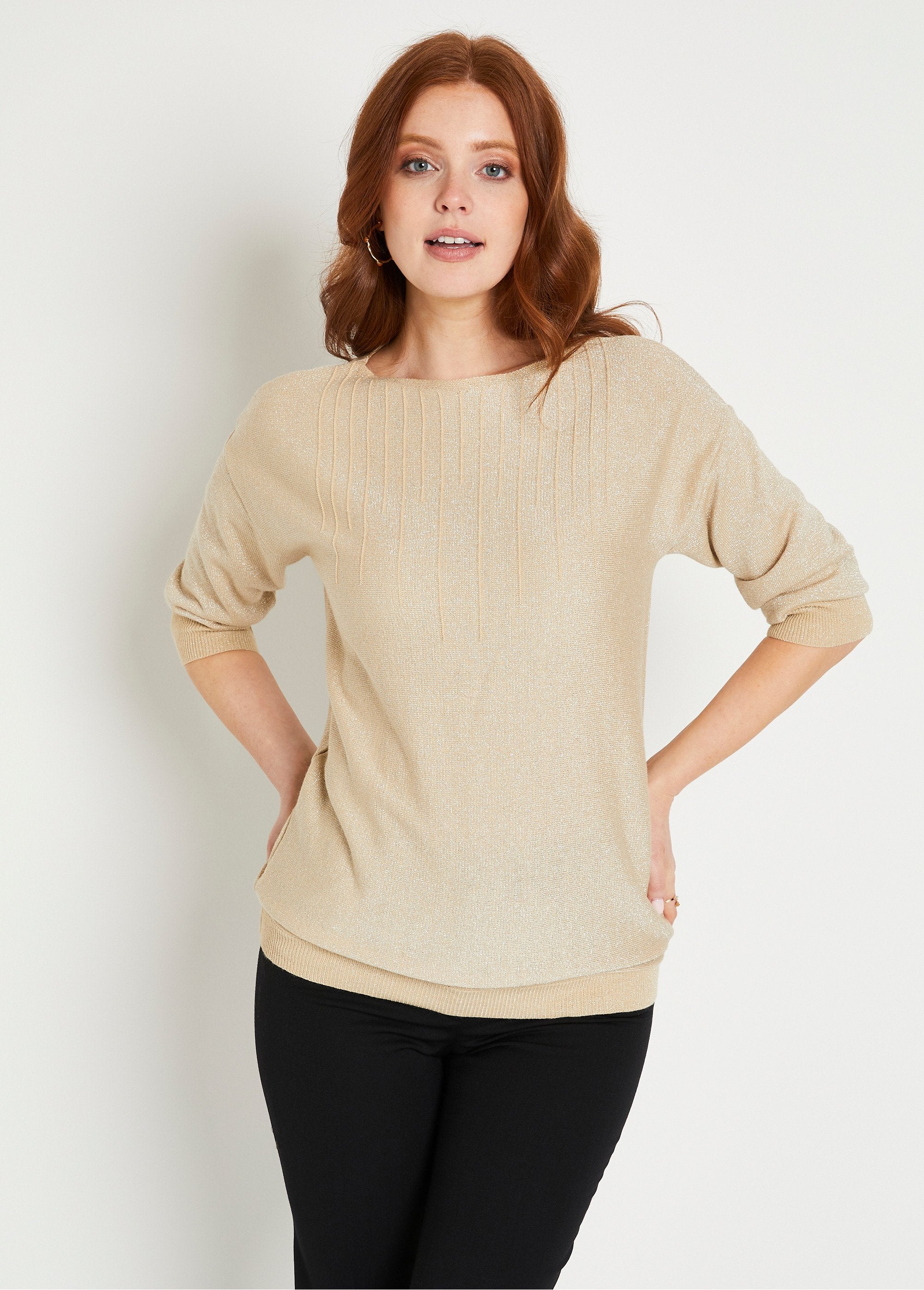 Plain_shiny_mid-length_sweater_3/4_sleeves_boat_neck_Iridescent_beige_FA1_slim