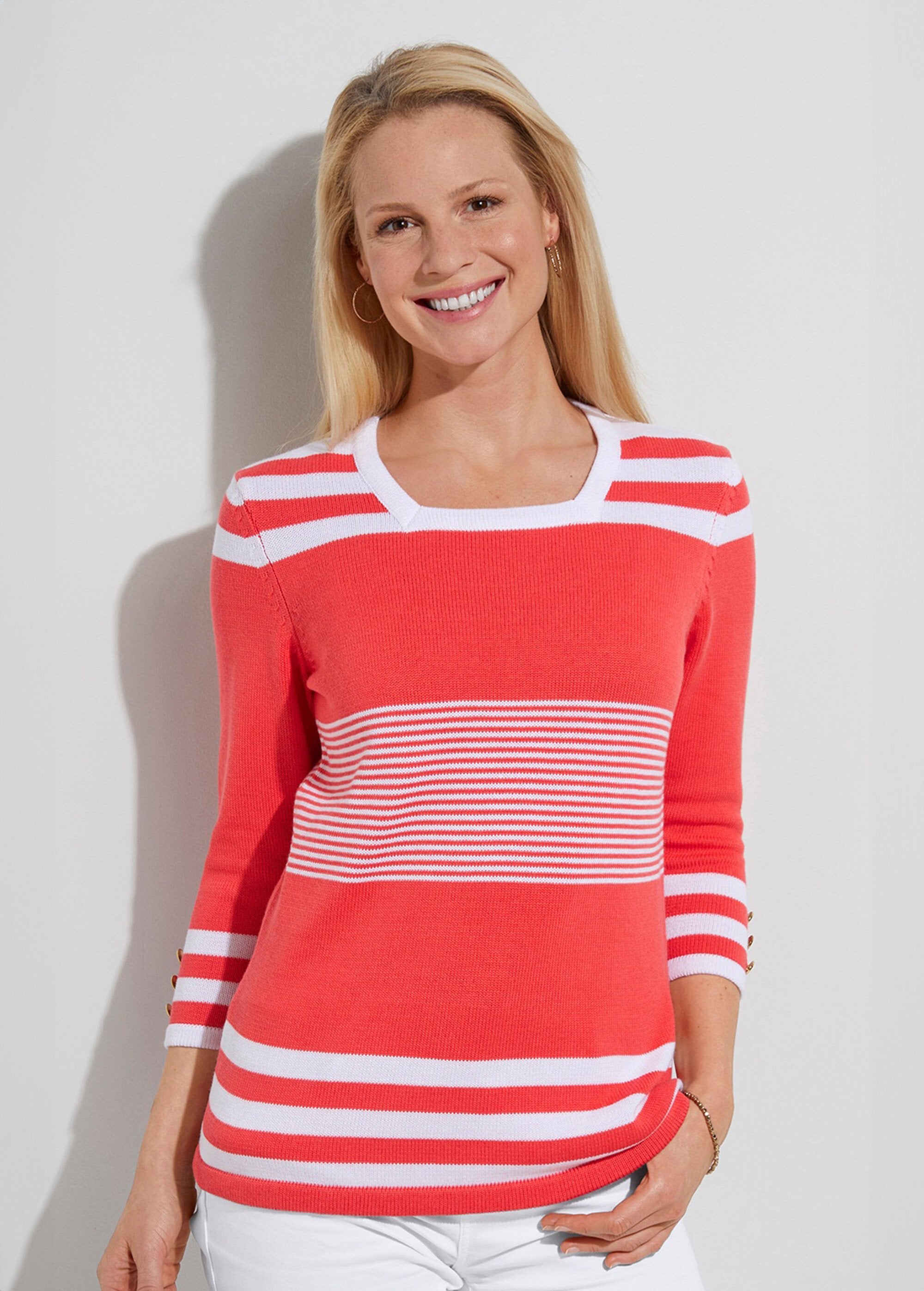 Striped_cotton_3/4_sleeve_sweater_Coral_and_white_FA1_slim