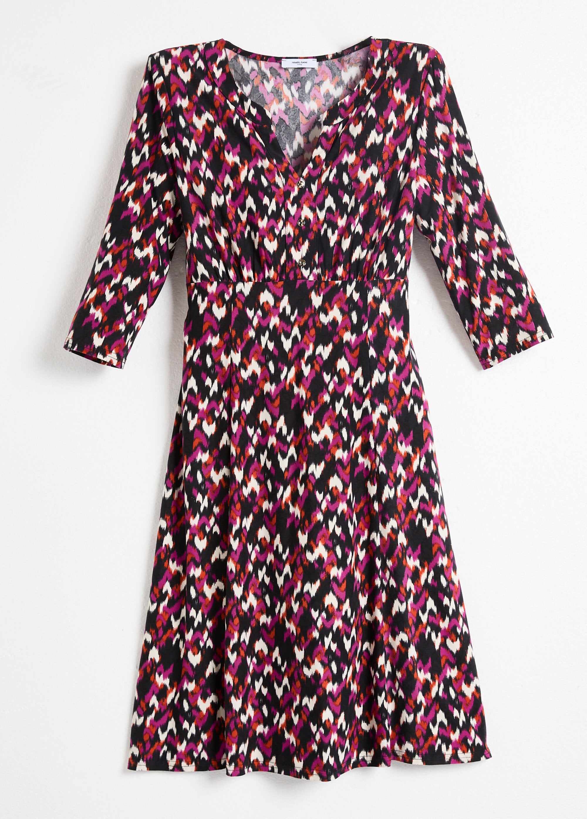 Short_flared_dress_with_3/4_sleeves_and_graphic_print_Black_and_fuchsia_AP1_slim
