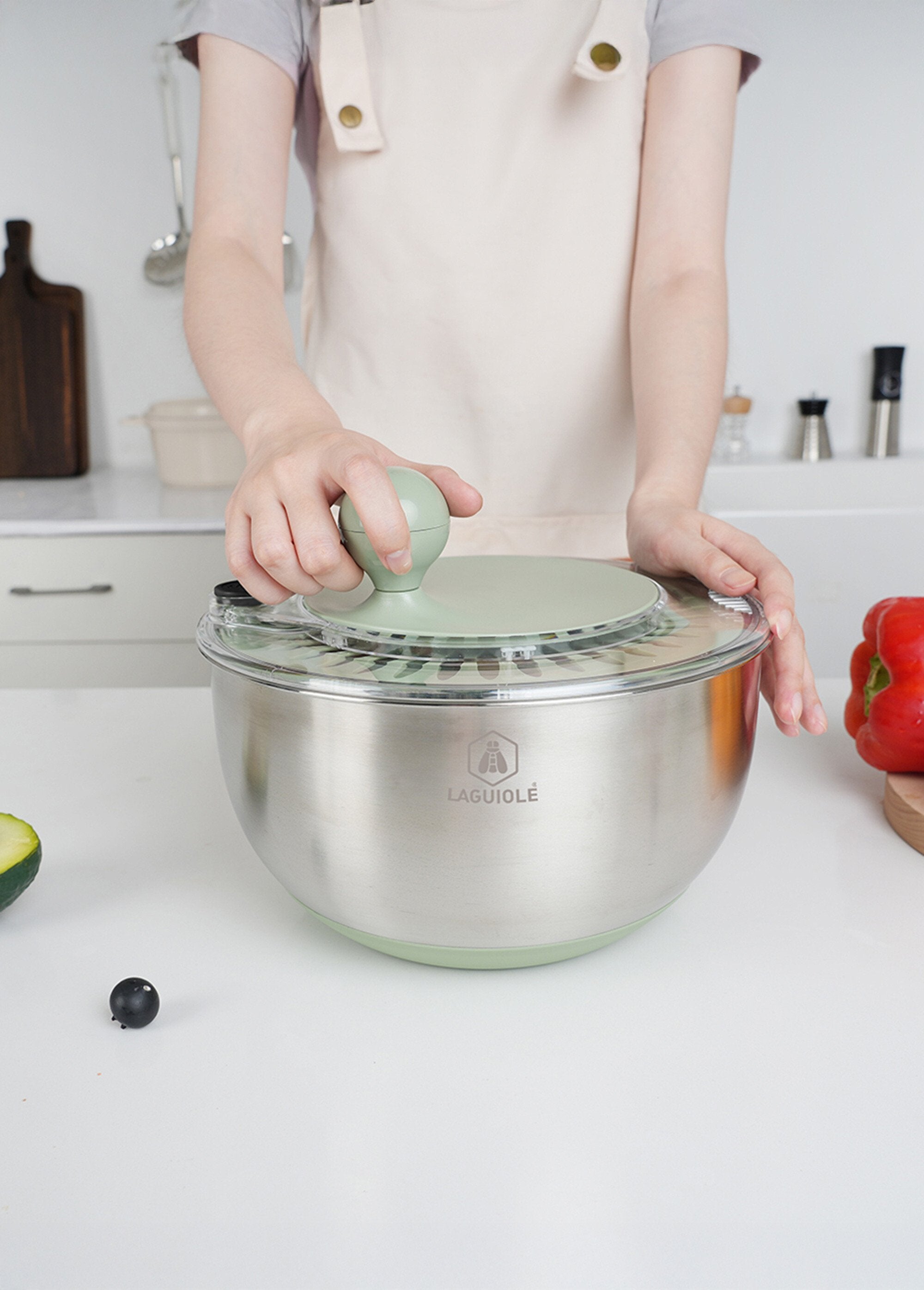 Saladier_inox/Essoreuse_à_salade_2_en_1_Olive_et_gris_DE3_slim