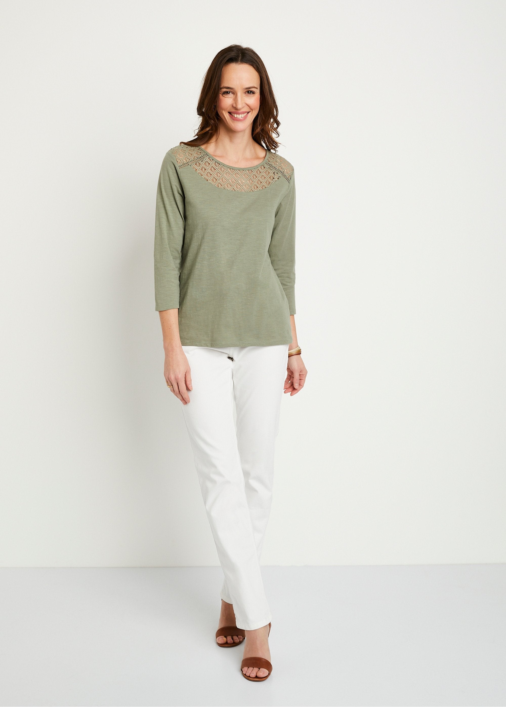 Cotton_and_lace_3/4_sleeve_t-shirt_Khaki_SF1_slim