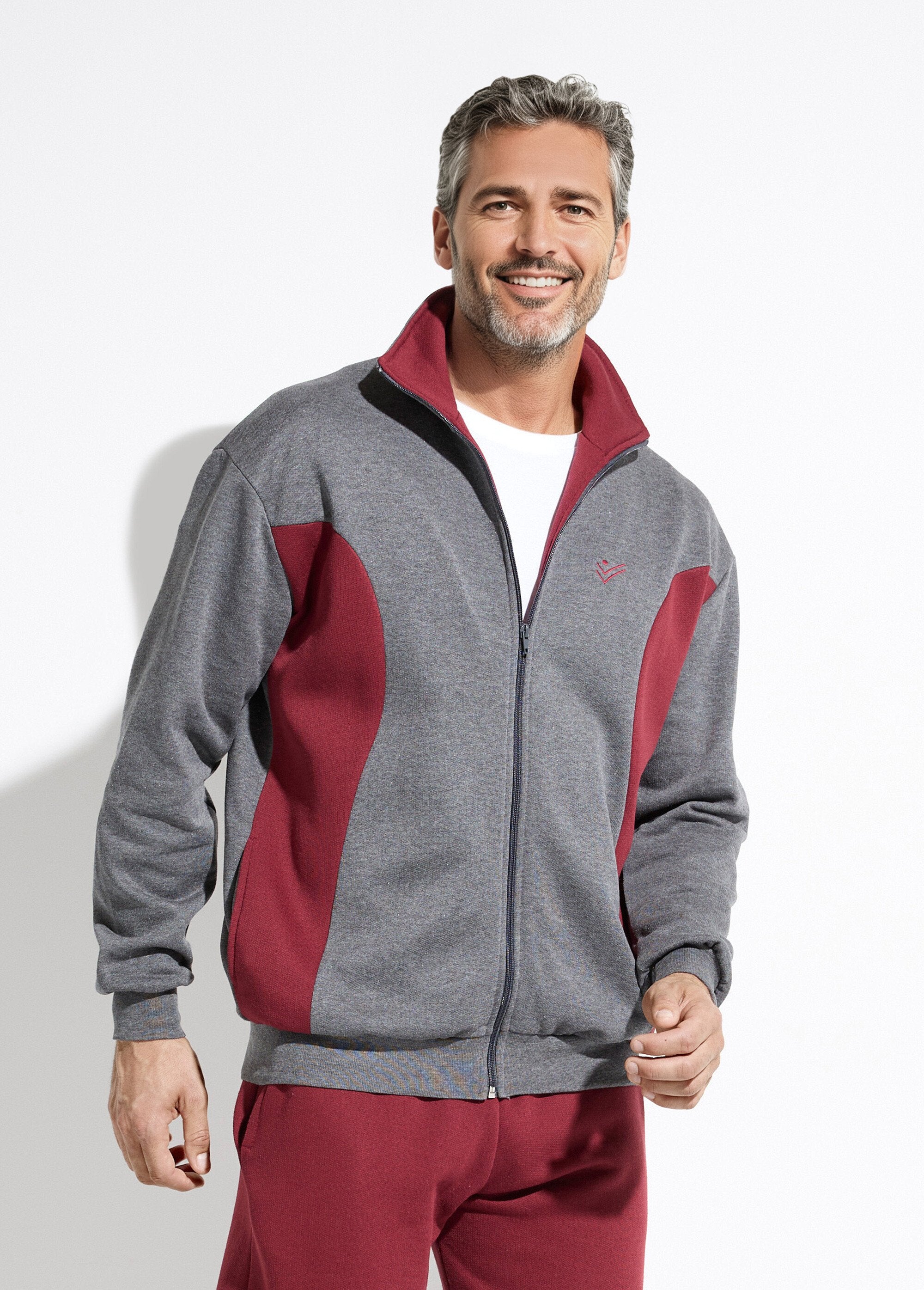 Two-tone_cotton_fleece_zip-up_lounge_jacket_Anthracite_and_burgundy_FA1_slim